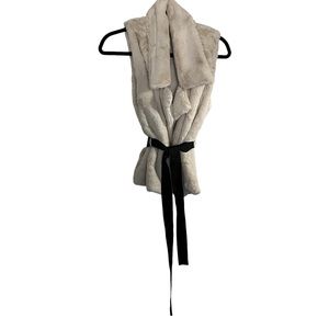 Very Soft Cream Faux Fur Vest Coat with Black Ribbon Tie